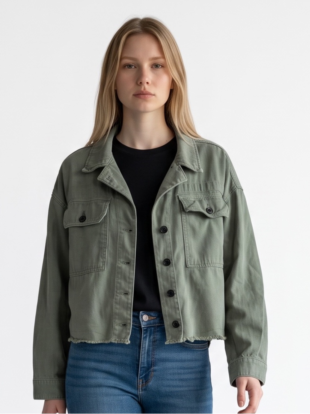 All Saints Morten utility Jacket in khaki Green frayed hem S